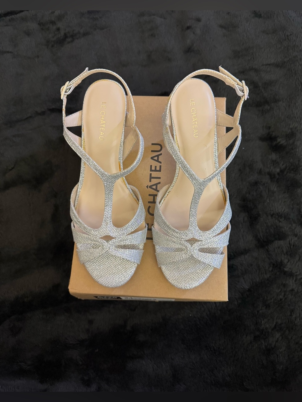 le chateau Silver Glitter Strappy T‑Heel Sandals
